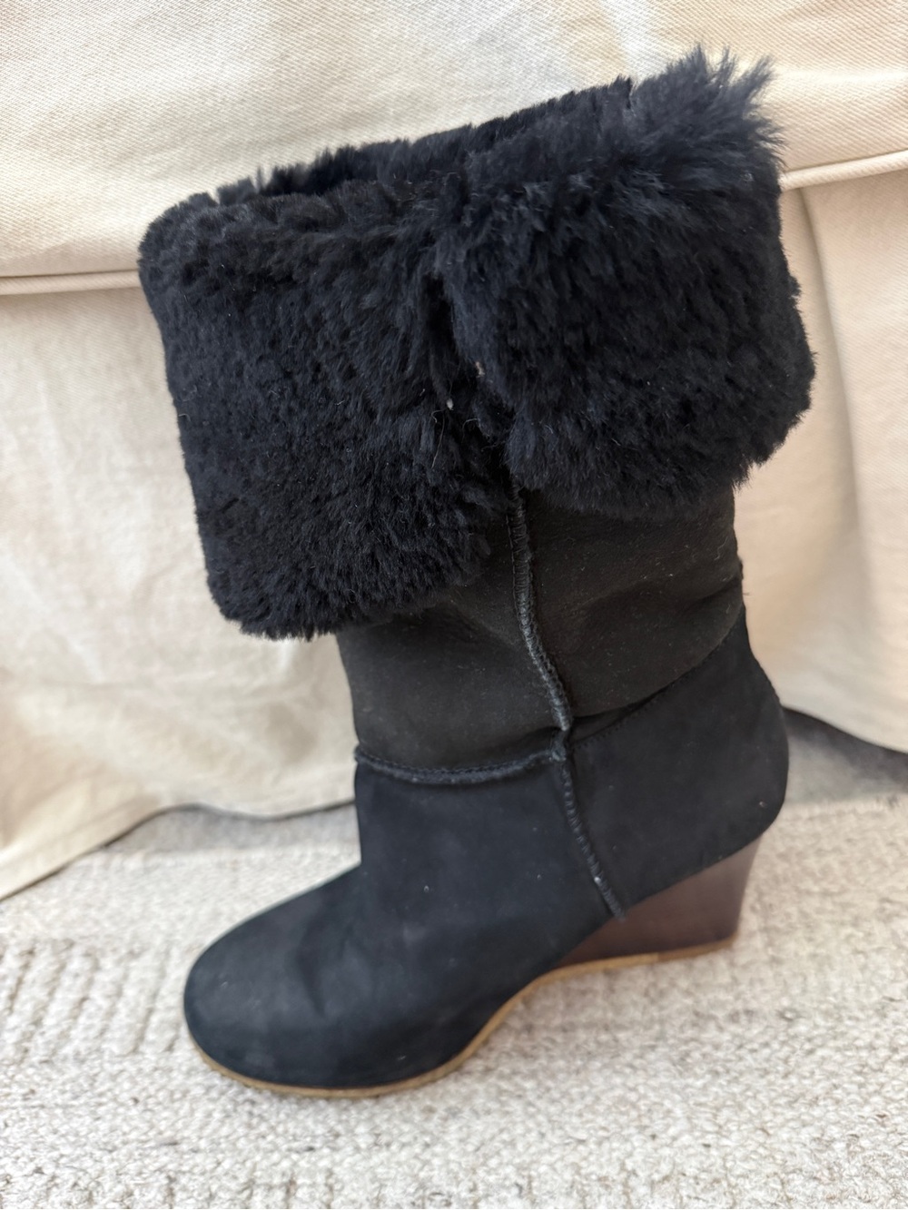 UGG Black Suede Wedge Tall Boot with Shearling Collar